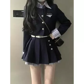 Темно-синий облегающий топ из двух частей в студенческом стиле с длинными рукавами на весну M