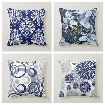 Темно-синий серый белый круг абстрактный акварельный цветок наволочка 60*60 диванная подушка наволочка 45*45 украшение дома 40X40CM