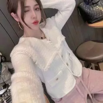 Темно-синий воротник с небольшим ароматом, струящийся замшевый кардиган, свитер, пальто, весенне-осенний вязаный кардиган с чувством темперамента, женский One Size розовый