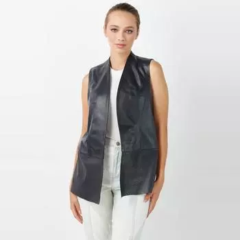 Темно-синий женский жилет из натуральной кожи с рисунком