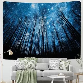 Темно-синий звездное небо лес гобелен настенный загадочный хиппи ночной вид эстетическая комната богемный декор комнаты 95x70CM