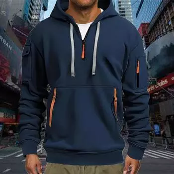 Темно-синяя 2025 Осень Зима Новая мужская толстовка с капюшоном на молнии с карманом для спорта и активного отдыха Крутая повседневная одежда Толстовки с капюшоном Свитшоты S