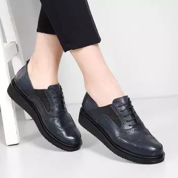 Темно-синяя античная натуральная кожа с круглым носком и эластичной подошвой на шнуровке