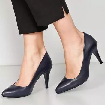 Темно-синяя антикварная женская обувь из натуральной кожи с острым носком на тонких высоких каблуках и шпильках