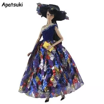 Темно-синяя модная кукольная одежда для куклы Барби, платье принцессы, вечернее платье и шляпа для куклы Барби, наряд для куклы 1/6, аксессуары для куклы разноцветный