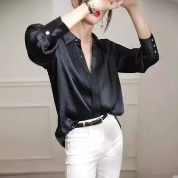 Темно-синяя рубашка из ацетата для женщин с длинными рукавами, мятая, однотонная, темпераментная, весенне-осенняя рубашка для женщин, свободный топ из аммиака и меди S