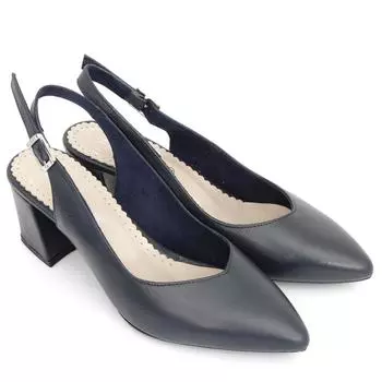 Темно-синяя женская летняя обувь из натуральной кожи с острым носком на среднем толстом каблуке с открытой спиной