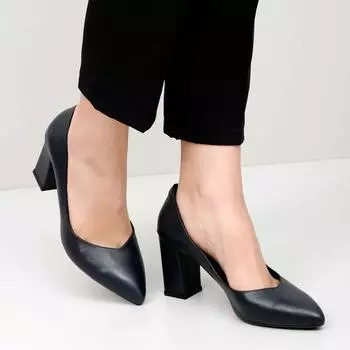 Темно-синяя женская обувь из натуральной кожи с острым носком на высоком толстом каблуке под старину