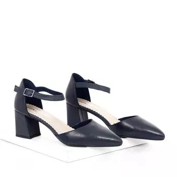 Темно-синяя женская обувь из натуральной кожи с острым носком и завязками на среднем толстом каблуке под старину