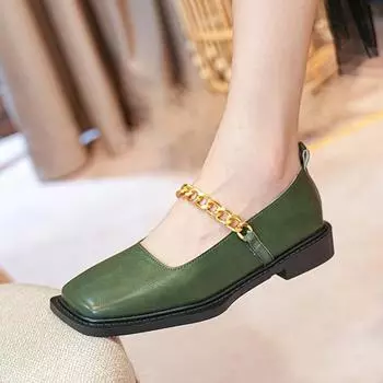 темно-зеленые кожаные туфли женские металлические цепи ремешок оксфорды балетки женские квадратные носы мюли мокасины женские слипоны большой размер43 4.5 бежевый