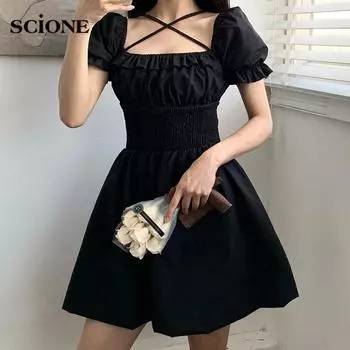 Темное готическое платье в стиле Лолиты, женское платье на шнуровке с квадратным вырезом, деревянное платье с ушками, женская короткая юбка трапециевидной формы с талией S чёрный