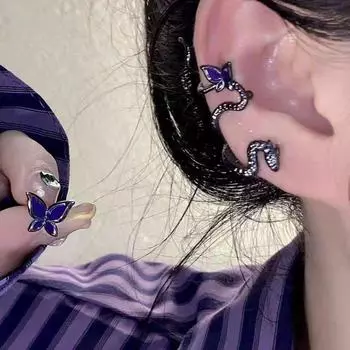 Темные элегантные серьги-клипсы в виде змеиной косточки и бабочки для женщин Snake ear bone clip earrings