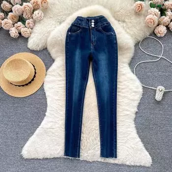 Темные джинсы женские с высокой талией для похудения модные универсальные узкие брюки-карандаш ретро потертые капри модные брюки-карандаш 25 темно-синий