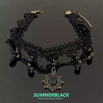 Темный готический ветер Черное кружевное колье-чокер с кисточками для женщин Ожерелье Аксессуары для шеи Шейная лента Причудливое украшение Sunflower Black Lace Necklace
