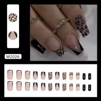 Темный леопардовый принт мелкий глиттер косой сладкий крутой носимый доспех 24 штуки накладные ногти