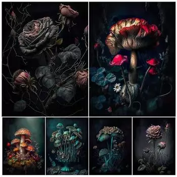 Темный лесной гриб и винтажные розовые розы, винтажный настенный художественный принт, темное ботаническое колдовство, готическое искусство, украшение для печати плакатов без рамки 21*30cm