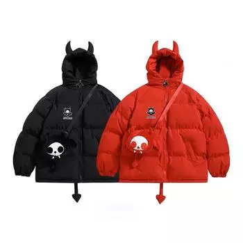 Темный стиль Маленький Дьявол Рог капюшон хлопковая куртка для мужчин и женщин зимняя маленькая хвост хлопковая куртка свободная теплая куртка XS красный