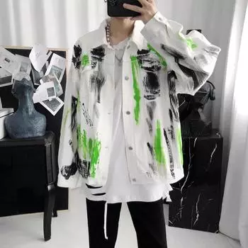 Темный стиль Повседневная джинсовая куртка мужская весна и осень Граффити свободная рабочая куртка корейский стиль модная одежда M чёрный