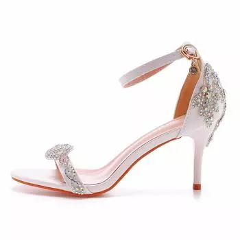 Temperament a line with a shallow slit stiletto sandals white diamond suitable for banquet stiletto sandals women s shoes 7 cm 35