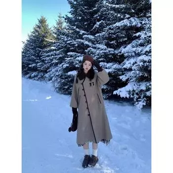 Темперамент расширенный смысл цвета сажи пряжка длинное пальто, чтобы закрыть живот и выглядеть стройными женщины 2024 зима новое свободное пальто женщины S коричневый