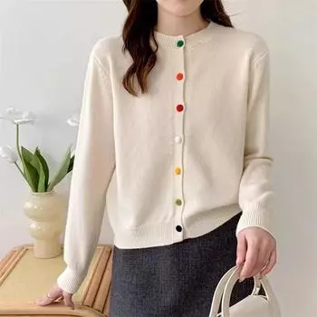 Темперамент элегантный круглый вырез длинный рукав мягкий восковой трикотажный кардиган женский осень и зима новый цвет однобортный свитер куртка one size fits all