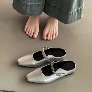 Temperament Baotou полутапочки на каблуке с уклоном женская верхняя одежда весна-лето французский женский стиль дизайн чувство страз цепочка толстая подошва песок 35 чёрный