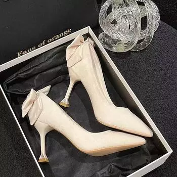 Temperament beige lady shoes small high heels single shoes women s thin heels 2025 new spring and autumn versatile pointed light mouth high heels 34