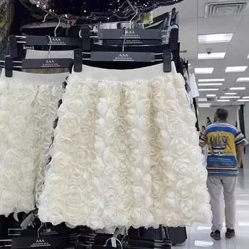 Temperament белая юбка с высокой талией, украшенная объемными розами, женственная короткая юбка, сладкая, замедляющая старение, с запахом на бедрах one size fits all абрикосовый