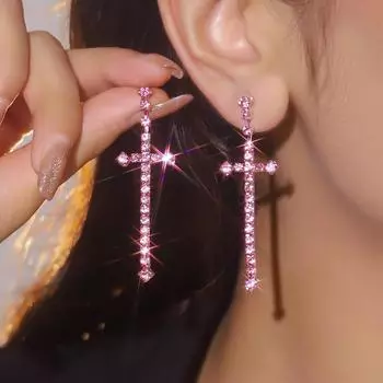 Темперамент блестящие хрустальные кресты длинные серьги мода высокое чувство розового серьги женские серьги 1 пара