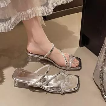 Temperament bright diamond cover toe sandals women s summer rhinestone butterfly square head crystal high-heeled slippers 35