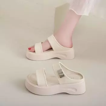 Temperament casual beach shoes wear new versatile thick-soled heightening cool slippers women s summer 35 бежевый