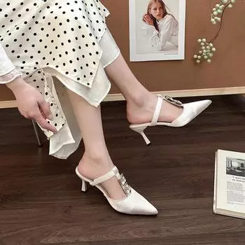 Temperament celebrity bag head slippers women s 2025 new summer women s shoes high heels fashion shoes pointed thin heels cool slippers 35 чёрный