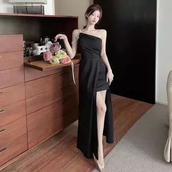 Temperament Celebrity Банкетное платье с разрезом на одно плечо Платье S чёрный