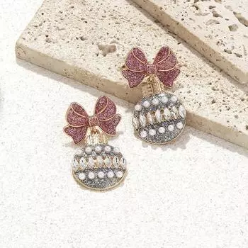 Temperament Christmas Pearl Ball Bow Colored Lantern Earrings
