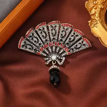 Темперамент Чувство Ретро Черный Кристалл Тяжелая Промышленность Большая Веерная Брошь Аксессуары Для Костюма Ципао