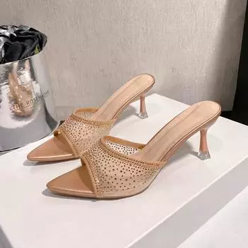 Temperament cool slippers women s summer wear new fine heel mesh yarn hot diamond pointed fish mouth open-toed high heels 35