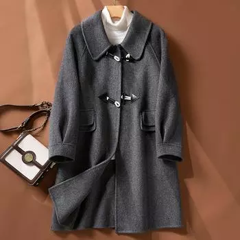 Temperament двухстороннее шерстяное пальто женское средней и длинной длины 2024 года пальто с роговой пряжкой осенне-зимнее шерстяное пальто S