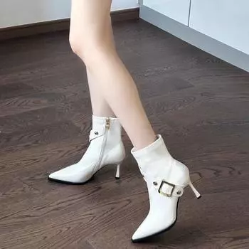 Temperament European and American fan high-heeled short boots women s 2024 autumn new pointed belt buckle rivets personalized thin heel thin boots 35