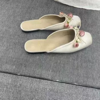 Temperament flat bottom with skirt single shoes summer new square head rose high-end bag head half drag sandals 35