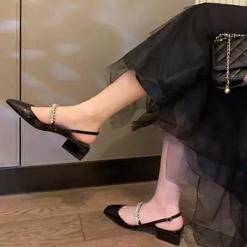 Temperament French Sandals женские летние 2024 новые толстые каблуки квадратной формы со стразами летние туфли Baotou Silver Mary Jane 35 серебряный
