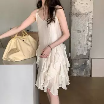 Temperament Fungus Lace Suspender Dress S абрикосовый