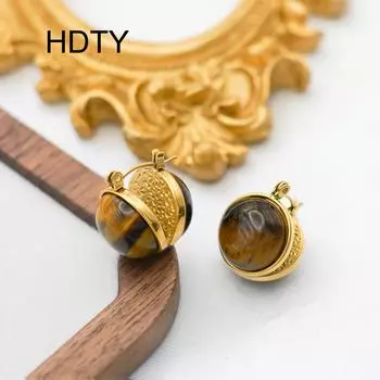 Temperament Haute sense Полукруглые серьги-пряжки из натурального камня тигровый глаз из титановой стали и 18-каратного золота в стиле ретро