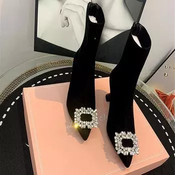 Temperament High Heel Узкие эластичные сапоги женские заостренные черные короткие сапоги со стразами и квадратной пряжкой модные сапоги женские сапоги 35