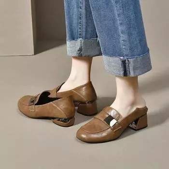Temperament high heels women s 2024 spring new round head square buckle mother shoes British style height loafers women s leather shoes 35 чёрный