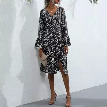 Темперамент и элегантность Верхняя одежда Черное платье А-силуэта Узкие французские платья с длинными рукавами и принтом S чёрный