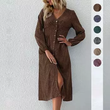 Темперамент и элегантность Верхняя одежда Модные женские однобортные платья с V-образным вырезом и длинными рукавами Осень S хаки