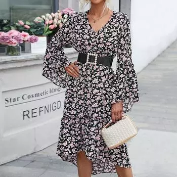 Темперамент и элегантность Верхняя одежда Модные женские платья с длинным рукавом и цветочным принтом Платья на осень и зиму S чёрный