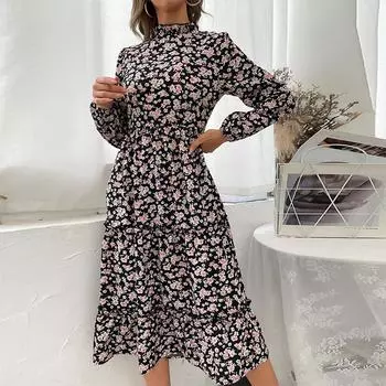 Темперамент и элегантность Верхняя одежда Осень и зима Женские платья средней длины с полувысоким воротом и плиссировкой с принтом S чёрный