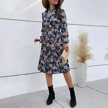 Темперамент и элегантность Верхняя одежда Осень и зима Женские платья с длинными рукавами и лацканами с цветочным принтом S темно-синий