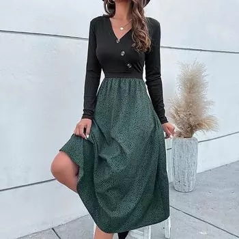 Темперамент и элегантность Верхняя одежда Осень и зима Женские платья с длинными рукавами в стиле колор-блок S темно-зеленого